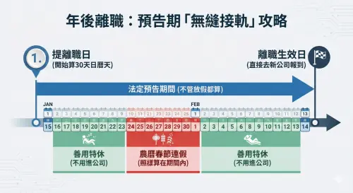 ▲蘇家宏律師提醒，離職預告期採「日曆天」計算，春節連假也包含在內。員工可善用這段期間安排特休，達成不進辦公室便能無縫轉職的策略。（圖／由 AI 生成、NOWNEWS監製）