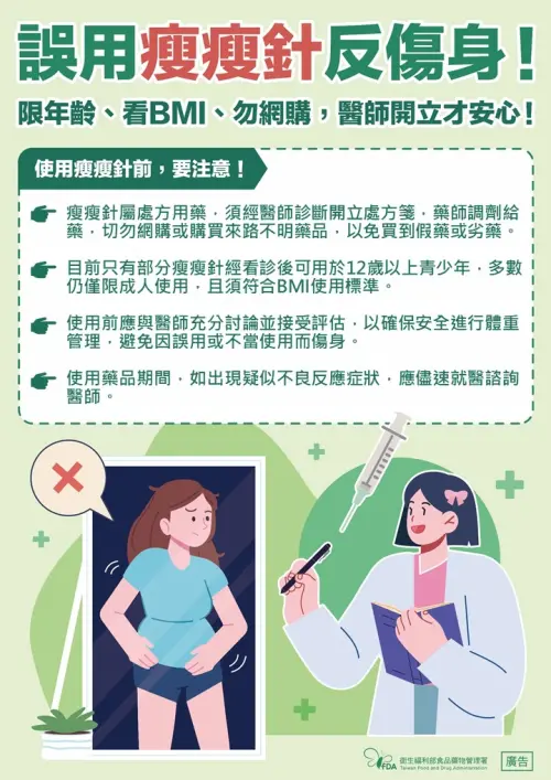 ▲食藥署提醒誤用瘦瘦針恐傷身，須醫師開立並留意不良反應。（圖／食藥署提供）