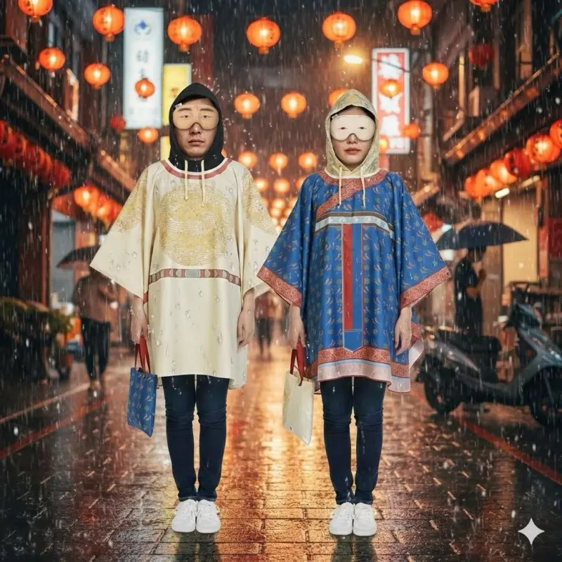 ▲故宮近期推出的皇后、皇上造型雨衣，「本宮不為雨愁了-皇后護駕雨服」、「朕不為雨愁了-皇帝護駕雨服 」兩款在社群上引發熱議。（圖／取自故宮精品臉書粉絲專頁）