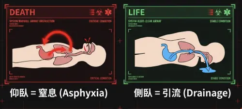 ▲消防員提醒，如果看到朋友喝醉，扛到床上後，要把喝醉的友人翻成側臥，避免仰躺造成「嘔吐物窒息」悲劇。（圖／翻攝消防神主牌Threads）