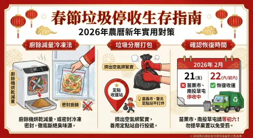 ▲2026 春節長假垃圾不發臭！除了傳統冷凍法，善用廚餘機烘乾減量更是對抗 5 天停收期的最強利器。（圖／由 AI 生成、NOWNEWS監製）