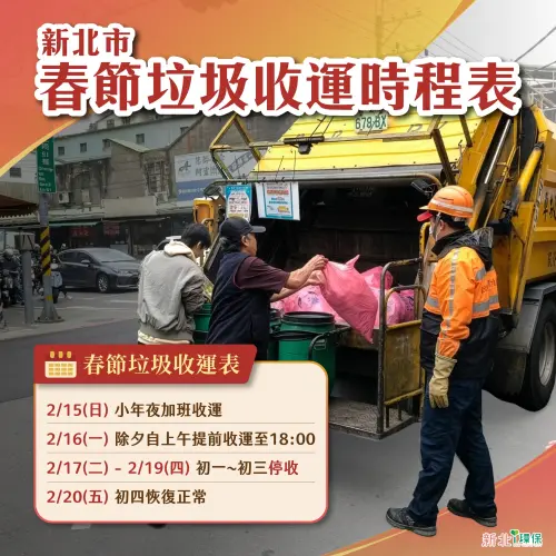 ▲新北市環保局公告，2/15（日）小年夜雖逢週日，但仍照常加班收運，市民可依平日晚間時段丟垃圾，不用擔心撲空。（圖／新北市環保局提供）