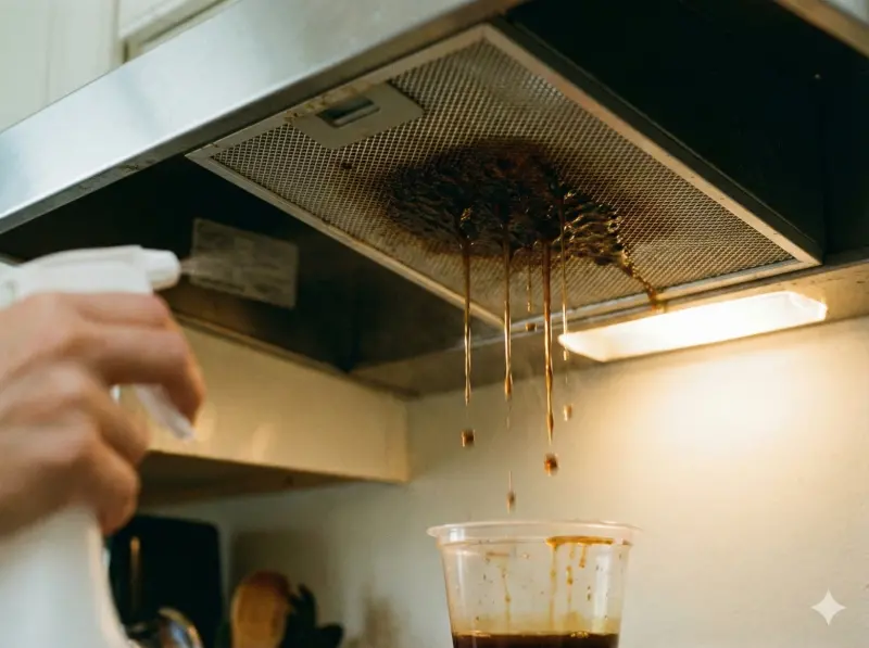 ▲網友激推的「免拆洗噴灑法」，趁熱噴上清潔劑後，陳年厚油垢瞬間全溶解掉落，像黑咖啡一樣自動流進集油杯中。（示意圖／由 AI 生成）