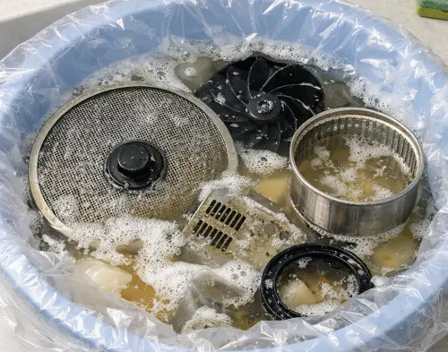 ▲陳映如教不沾手抽油煙機清洗法，只要浸泡溫水30分鐘即可融化油垢。（圖／翻攝陳映如粉專）