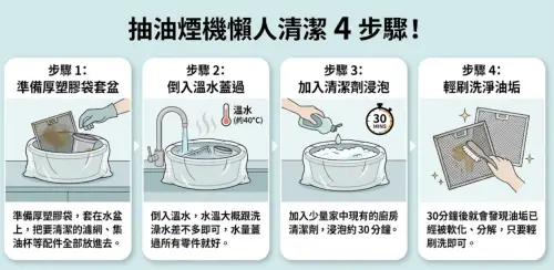 ▲一圖看完陳映如抽油煙機懶人清潔4步驟。（圖／AI製圖）