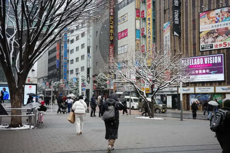 ▲日本、韓國處在北極冷空氣溢流的「搖滾區」，不僅氣溫極端偏低，也陸續出現降雪。（圖為東京街頭／網友張倖真提供）