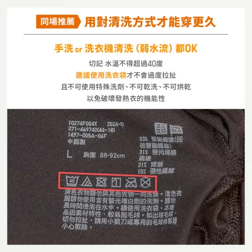▲UNIQLO分享發熱衣正確洗法，提到發熱衣手洗與機洗都適合，其中機洗建議使用弱水流，切記水溫不可超過40度。（圖／UNIQLO臉書）