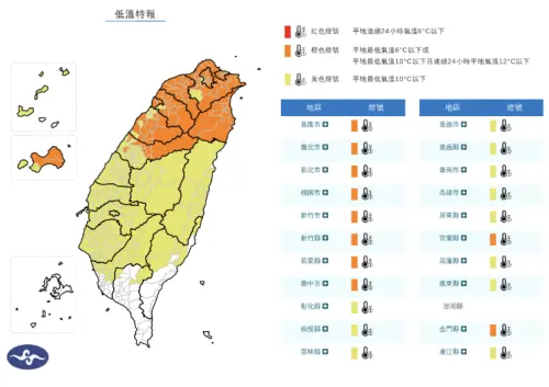 ▲中央氣象署今（8）日下午針對21縣市發布「低溫特報」。（圖／中央氣象署cwa.gov.tw）