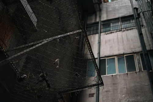 ▲西寧國宅內部呈特殊的「井」字型結構，雖利於通風，但昏暗的採光與封閉的空間感，常給人莫名的壓迫感。為防範意外頻傳，管委會加裝了層層防墜網，卻也讓這棟老建築更添幾分森嚴氣息。（圖／記者葉政勳攝）