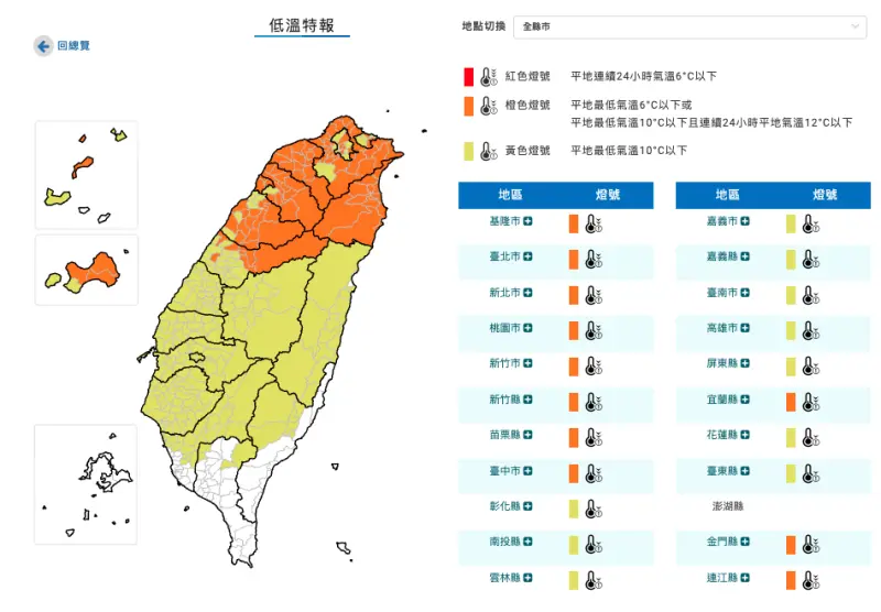 ▲中央氣象署發布低溫特報表示，今（9日）晨受到寒流影響，各地天氣非常寒冷，有10度以下氣溫發生的機率。（圖／取自中央氣象署www.cwa.gov.tw）