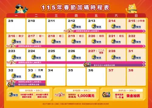 ▲2026台彩春節大樂透、今彩539加碼時程。（圖／台彩官網）