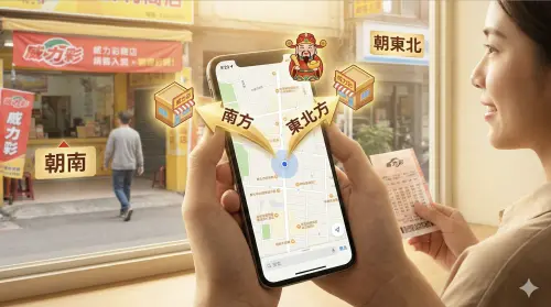 ▲本期財神方位落在南方與東北方，若能挑選店面坐向朝南或東北的彩券行，財運氣場更旺，也被視為較容易開出大獎的方位。（圖／AI生成、記者賴禹妡製圖）