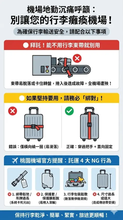 ▲桃園機場公司表示，為確保託運行李輸送過程安全，呼籲旅客行李託運應避開4大NG行為，行李綁帶也要綁緊、綁正確。（圖／Gemini生成）