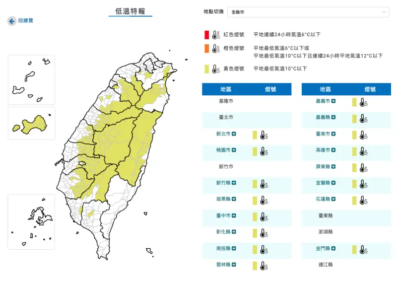 ▲中央氣象署發布低溫特報表示，受到輻射冷卻影響，今晨至上午局部地區氣溫偏低，有10度以下氣溫發生的機率。（圖／翻攝自中央氣象署www.cwa.gov.tw/）