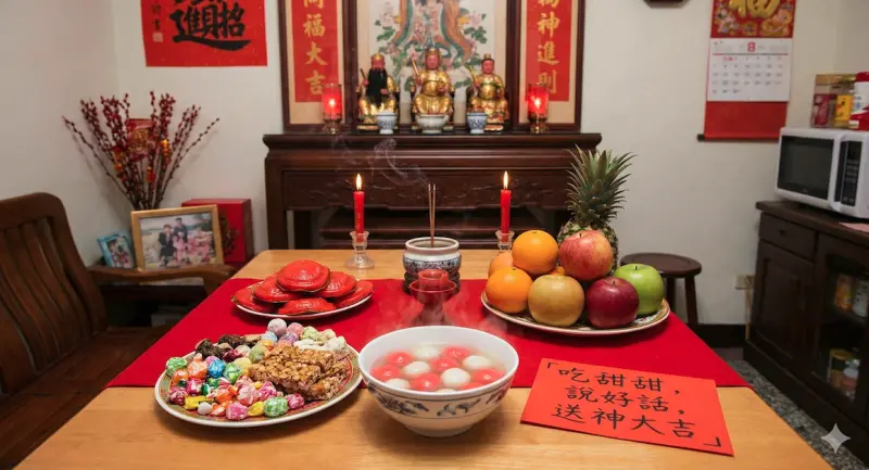 ▲週三（2月11日）是農曆12月24日清屯、送神日，送神時間從當晚11點至除夕前皆可進行，供品宜準備甜食討吉利，清屯須遵守先神明後祖先原則，香爐不可整個倒空，以免把福氣一併清掉。（圖／AI生成、記者賴禹妡製圖）