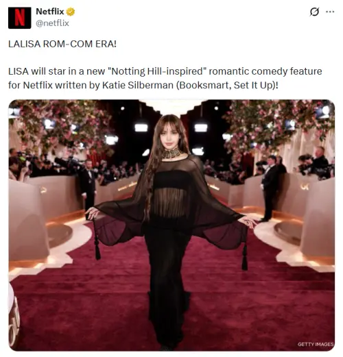 ▲Netflix在6日宣布Lisa將主演愛情電影。（圖／X@netflix）