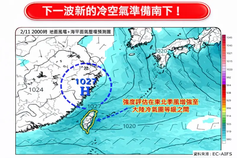 ▲今（10）日寒流減弱、遠離，下一波新的強冷空氣，影響時間會在「明天到後天清晨」，強度有機會達冷氣團。（圖／林老師氣象站臉書）