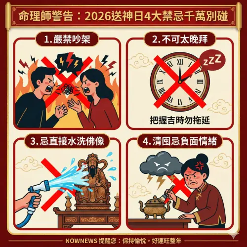 ▲一張圖看懂！命理師特別提醒2026送神日「4大禁忌」，切記不可吵架、亂洗神像，以免衰運纏身。（圖／由 AI 生成、NOWNEWS監製）