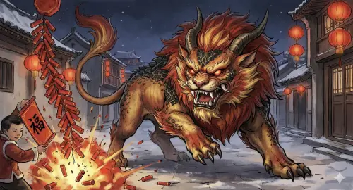 ▲傳說中，自古以來，每到除夕夜「年獸」便會出現，危害人畜。（示意圖／由 AI 生成）