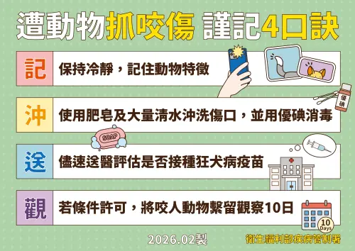 ▲一旦被動物抓咬傷，應以肥皂及大量流動清水沖洗傷口至少15分鐘等。（圖／疾管署提供）