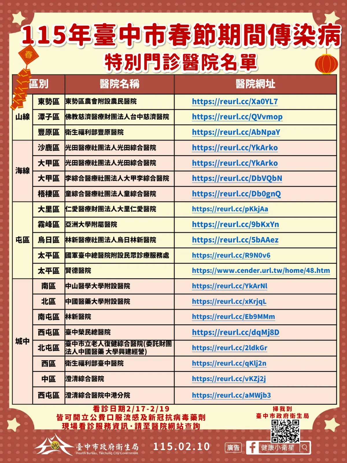 ▲中市春節期間傳染病特別門診醫院名單(圖／環保局提供2026.2.10)