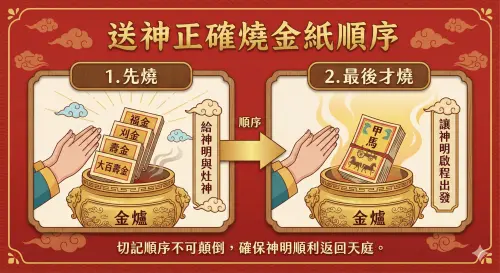 ▲除了傳統的壽金、刈金、福金之外，送神還要燒「甲馬」，命理老師教送神燒金紙的正確順序，甲馬要最後在燒。（圖／由 AI 生成、NOWNEWS監製）