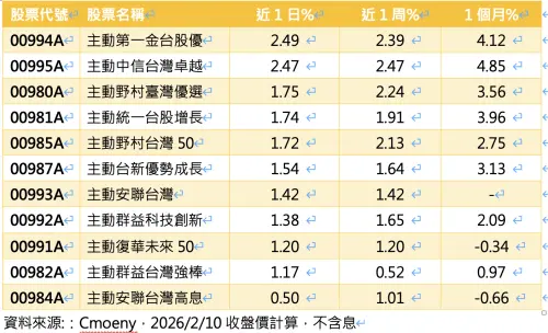 ▲台股攻33000點主動台股基金（ETF）表現。（圖╱法人提供）