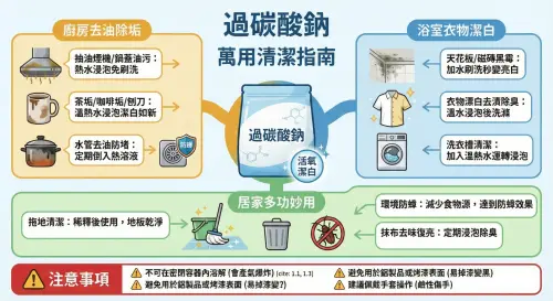 ▲一張圖秒懂「過碳酸鈉」萬用清潔法！除了網友熱議的浴室除霉、廚房去油，還有無毒教母譚敦慈推薦的水管防蟑密技。特別提醒：使用時切勿密封瓶蓋，以免發生危險。（圖／由 AI 生成、NOWNEWS監製）