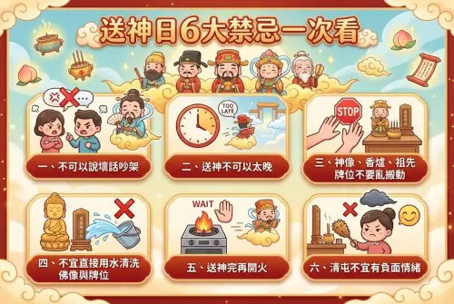 ▲送神日6大禁忌一圖看！千萬不要用清水洗佛像、祖先牌位等。（圖/Gemini AI/記者張嘉哲監製）