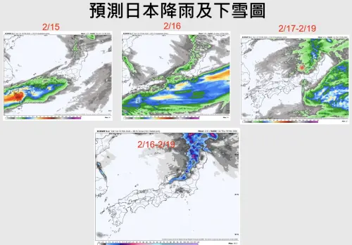 ▲日本年假期間降雨和下雪預測，日本富山縣以北、新瀉、長野、群馬、秋田、青森及北海道將有大雪。（圖／賈新興提供）