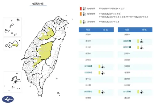 ▲氣象署今（11）日上午發布「低溫特報」，明（12）日清晨，新竹、苗栗、南投、嘉義、台南及金門跌破10度。（圖／中央氣象署cwa.gov.tw）
