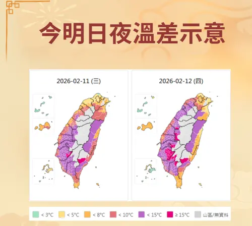 ▲今天受到東北季風影響，苗栗以南、花東要注意日夜溫差，早晚會有10度的落差。（圖／中央氣象署cwa.gov.tw）