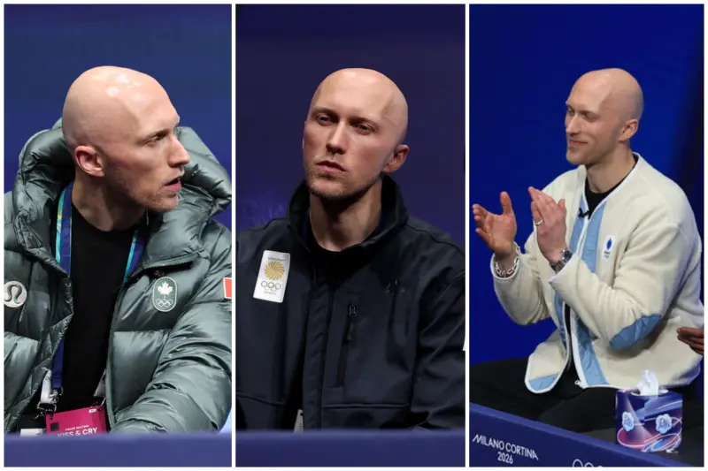 ▲米蘭冬奧花式滑冰賽場有趣的一幕掀起熱議，來自法國的教練里修（Benoit Richaud）同時指導13個國家的16名選手，為此頻繁換穿不同國家隊的外套，化身「最忙教練」。（合成圖／路透／達志影像）