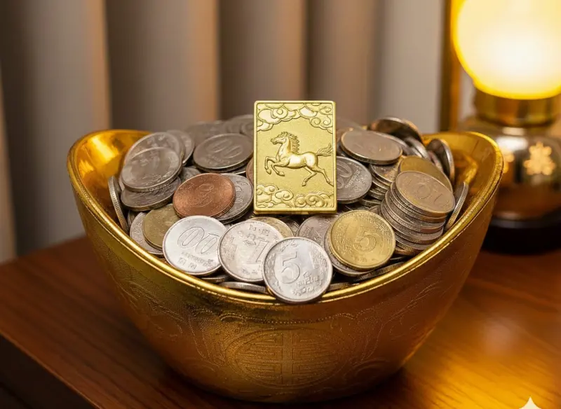 ▲迎著丙午馬年到來，專家建議想旺財可在家裡的財庫、文昌位擺放聚寶盆，裡面可放100個硬幣及錢母，硬幣各面額都要有，也可點一盞發財燈，都有助馬年財運。（示意圖／Gemini AI生成）