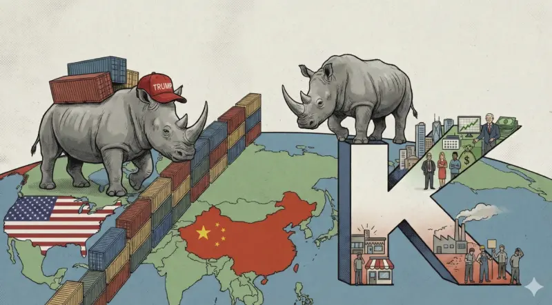 ▲學者展望今年經濟仍面臨2隻「可預見、難以逃避」的「灰犀牛」風險，分別是台美關稅協定所承諾的龐大投資、科技與傳產發展不均的K型經濟，將會在下半年逐漸浮現。（圖／Gemini AI生成）