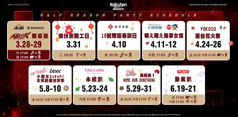 ▲樂天桃猿公布2026年賽季上半季8大主題日，年度盛事「動紫趴」在6月19日至21日壓軸登場。（圖／樂天桃猿提供）