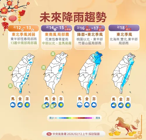 ▲小年夜北部、東半部天氣受影響，濕冷的天氣型態持續到初二、初三，初四氣溫明顯回溫。（圖／中央氣象署cwa.gov.tw）