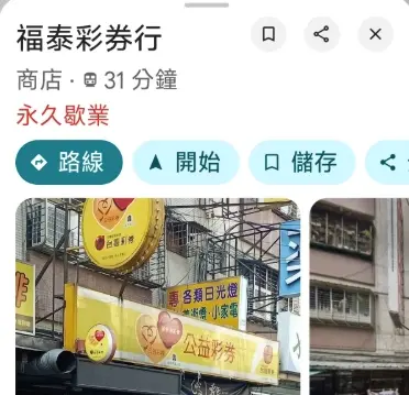 ▲威力彩開出頭獎13.5億的彩券行其中一間是板橋的「福泰彩券行」，不少人查詢發現Google地標寫「永久歇業」，頭獎真實性又遭到質疑。（圖/Google地標）