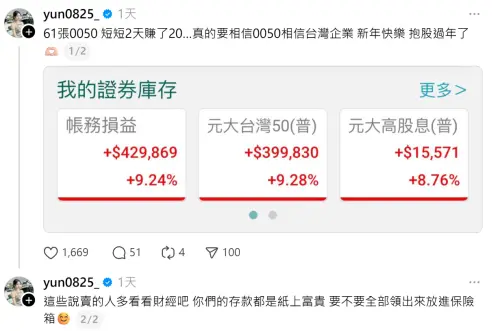 ▲允允分享自己的證券持倉，嗨喊光靠0050兩天就賺了20萬。（圖／鍾允晴Threads＠yun0825_）