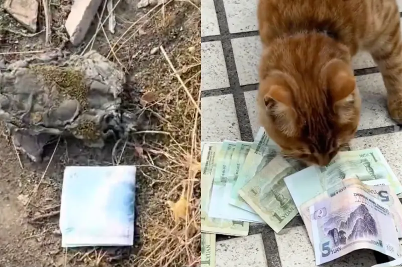 ▲中國四川成都一名女子拜完財神後，竟在家中連續數天撿到小額紙鈔，她原以為財神顯靈，沒想到調閱監視器才發現，竟是家中飼養的橘貓潛入鄰居家叼錢。（圖／翻攝自微博）
