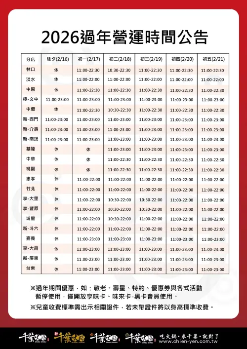 ▲「千葉火鍋」過年檔期狀況一覽（圖／取自千葉火鍋 www.cyhotpot.net）