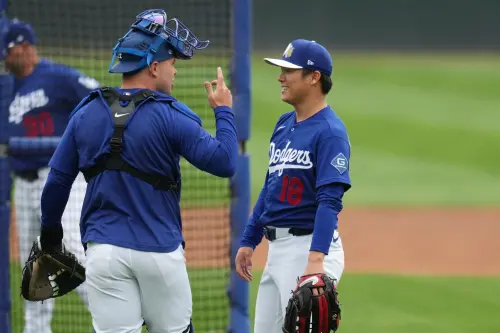 ▲山本由伸（右）近日在美國道奇春訓基地亞利桑那州進行春訓，於首次Live BP中投出2次三振、最快球速已經恢復到151公里。（圖／美聯社／達志影像）