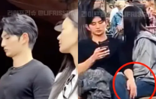 ▲李省勳（左）被抓包與一名神祕女子，在遊樂園互動親密。（圖／X@alli146105）