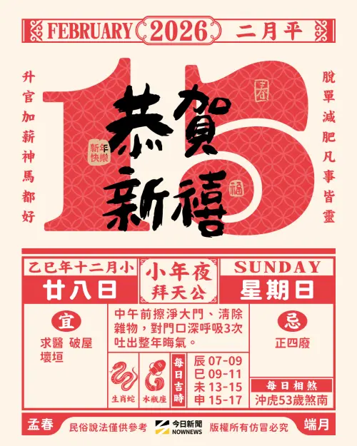 ▲2026小年夜是2月15日，中午前將大門清乾淨，對門口深呼吸3次，吐掉過去一整年的晦氣。（圖／NOWNEWS社群中心製）