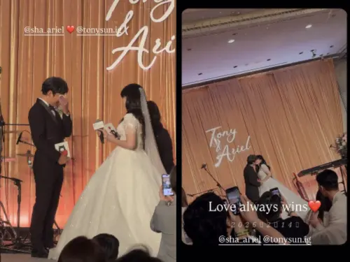 ▲孫協志（左）在台上淚崩，感性對夏宇童說：「親愛的老婆，謝謝妳出現在我生命裡！」（圖／翻攝自何妤玟、劉涵竹IG）