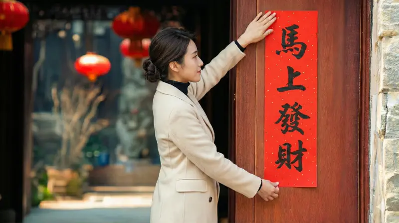 ▲2026馬年除夕貼春聯最佳時間，命理專家表示今（16）日上午6時到中午12時是最強吉時、陽氣最旺，春聯怎麼分左右、用什麼貼速懂。（圖／AI生成）