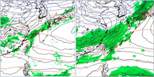 ▲開工日天氣模擬，歐洲模式（左）顯示鋒面還在東海，美國模式（右）顯示，鋒面已通過、冷空氣南下。（圖／洩天機教室）
