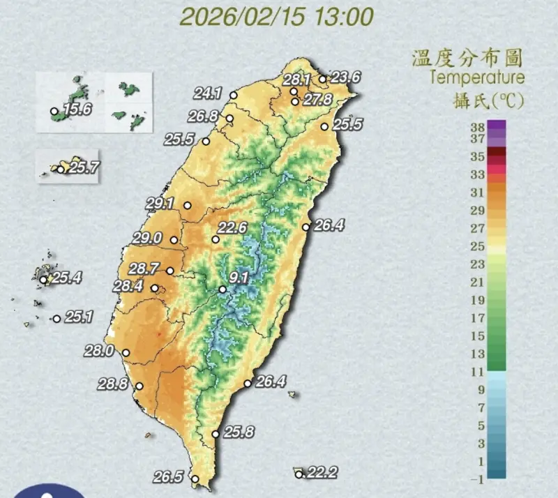 ▲今（15）日小年夜全台晴到多雲，不少地區出現30度以上高溫，宛如夏季。（圖／中央氣象署cwa.gov.tw）