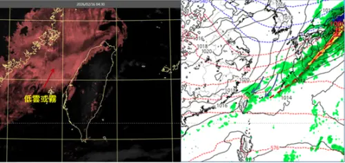 ▲根據最新模擬顯示，臺灣海峽北部有低雲或霧(左圖)，歐洲模式下週三(25日)8時地面模擬圖顯示，鋒面掠過、東北季風南下，迎風面轉有雨降溫(右圖)。（翻攝洩天機教室）