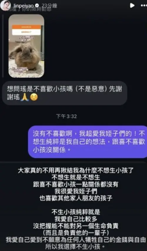 ▲林佩瑤曾在社群回應自己不生小孩原因。（圖／林佩瑤IG）
